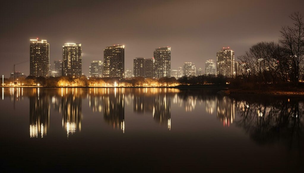 City skyline reflects in tranquil waterfront pond generated by AI Stock Free