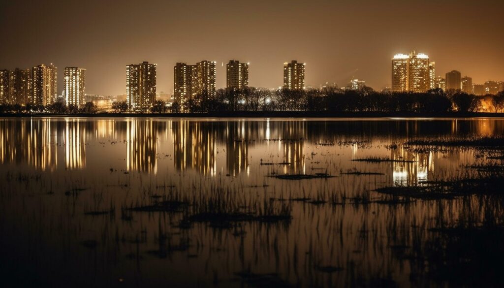 City skyline reflects in tranquil waterfront pond generated by AI Stock Free