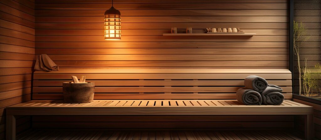 Close up view of an infrared sauna with wooden walls bench and ceramic heaters emphasizing a healthy lifestyle Stock Free