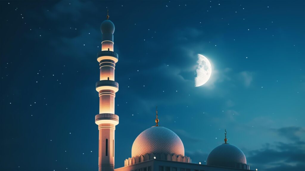 Closeup mosque minaret at the night with landscape, full moon in the background, closeup with copy space. Stock Free