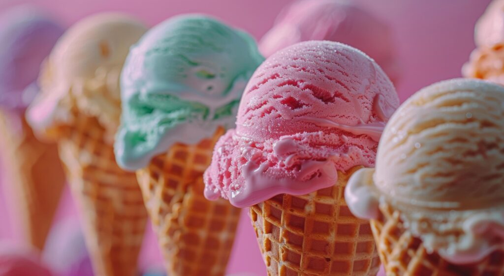 Colorful Ice Cream Cones on a Pink Background Stock Free