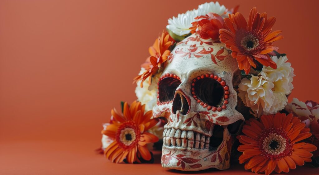 Colorful Skull With Flowers on Yellow Background Stock Free