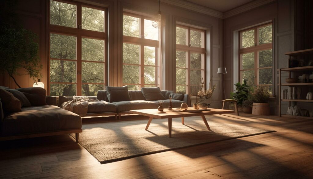 Comfortable modern living room with natural wood flooring generated by AI Stock Free