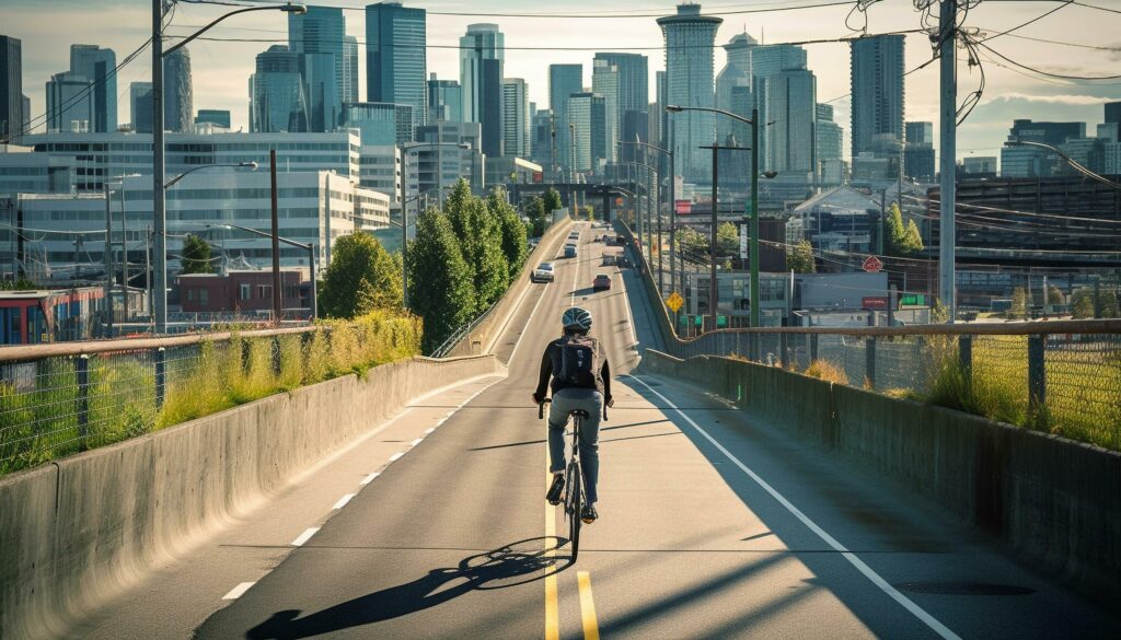 Cycling athlete speeds past skyscrapers at dusk generated by AI Stock Free