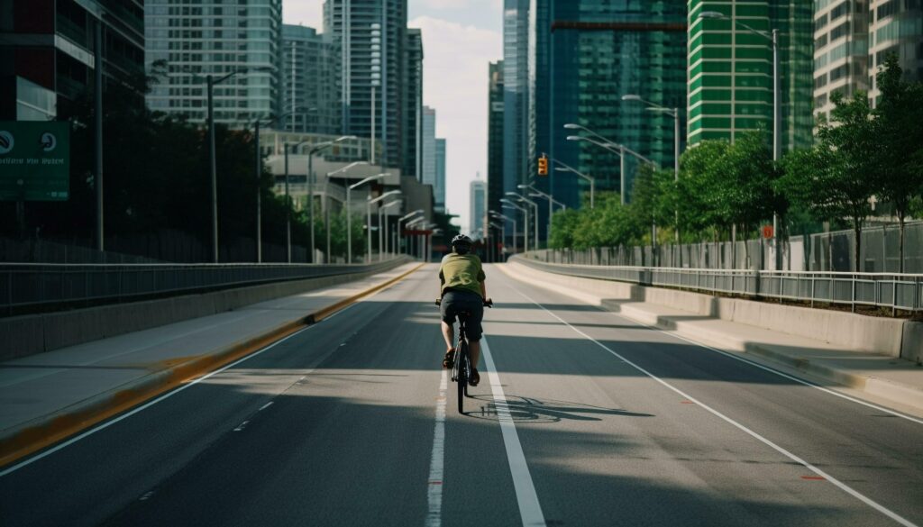 Cycling athlete speeds through city traffic blur generated by AI Stock Free