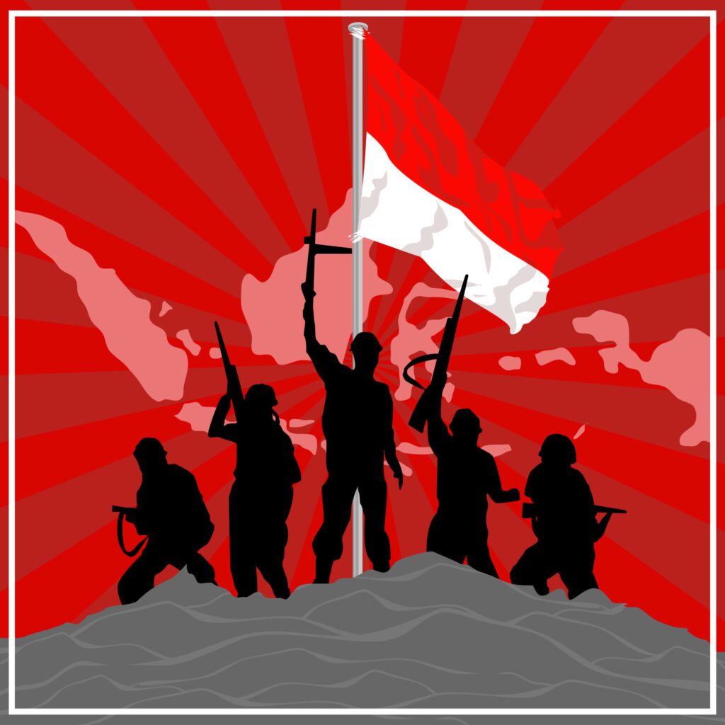 army silhouette on top of hill behind indonesian flag Free Vector and Free SVG