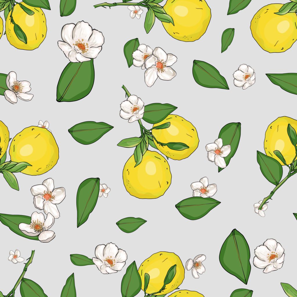 Pattern of lemons, lemon flowers on a coloured background. Branch with lemons. Beautiful seamless Summer Vacation Seamless pattern Free Vector