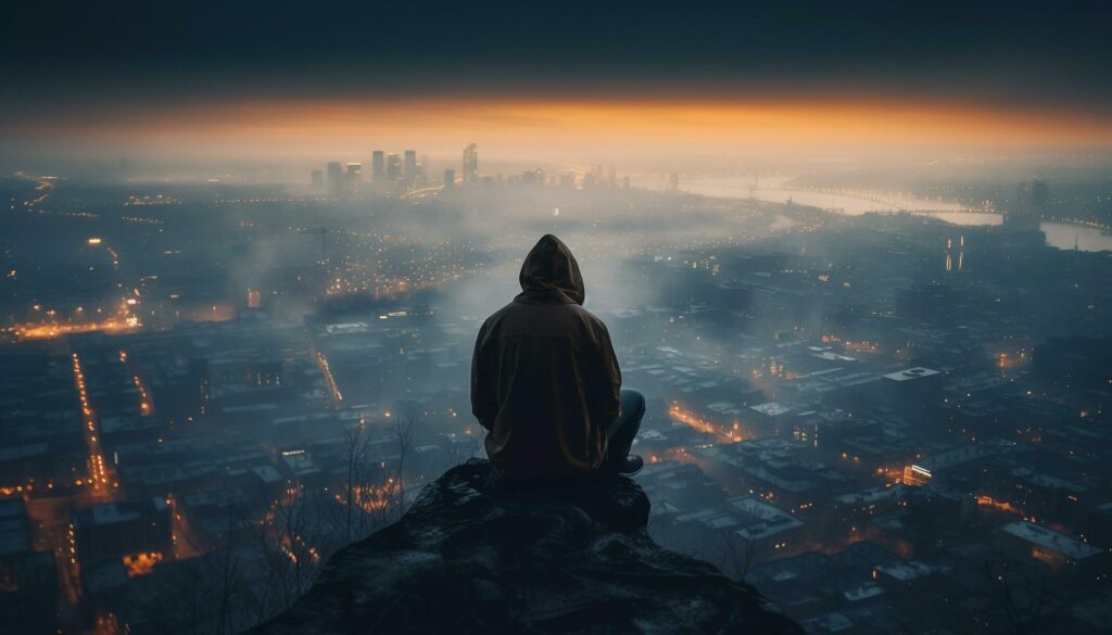 Young adult meditating on mountain peak at dusk generative AI Stock Free