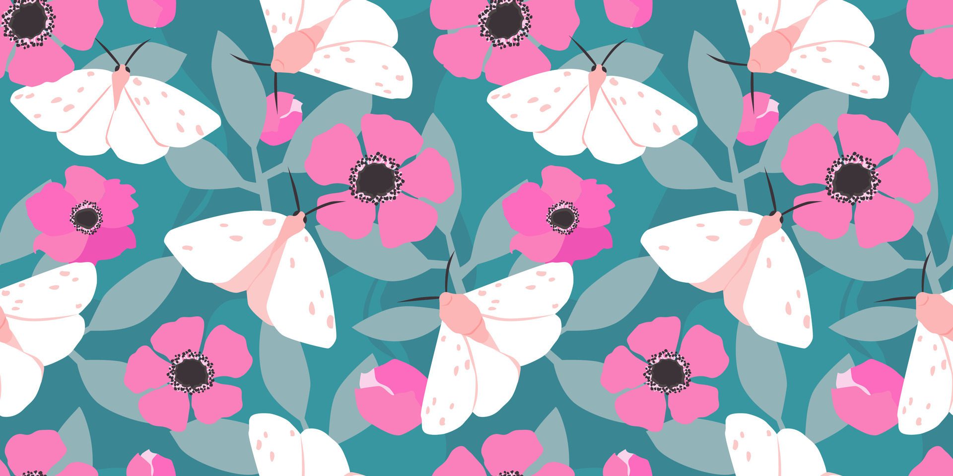 Seamless pattern with butterflies and flowers on a background of leaves. Summer abstract nature print. Vector graphics. Free Vector