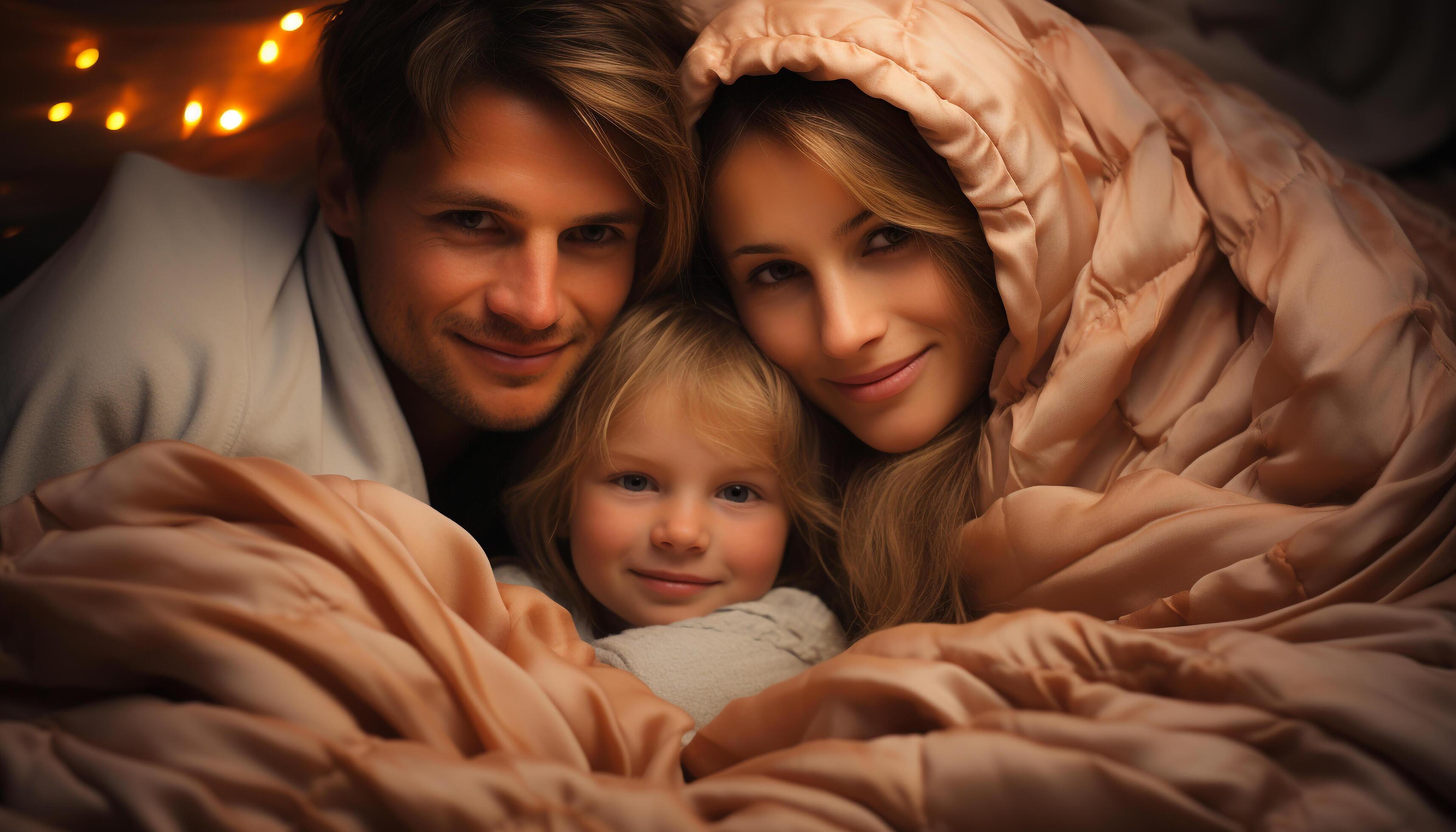 AI generated Smiling family embraces love, happiness, and togetherness in cozy bedroom generated by AI Stock Free