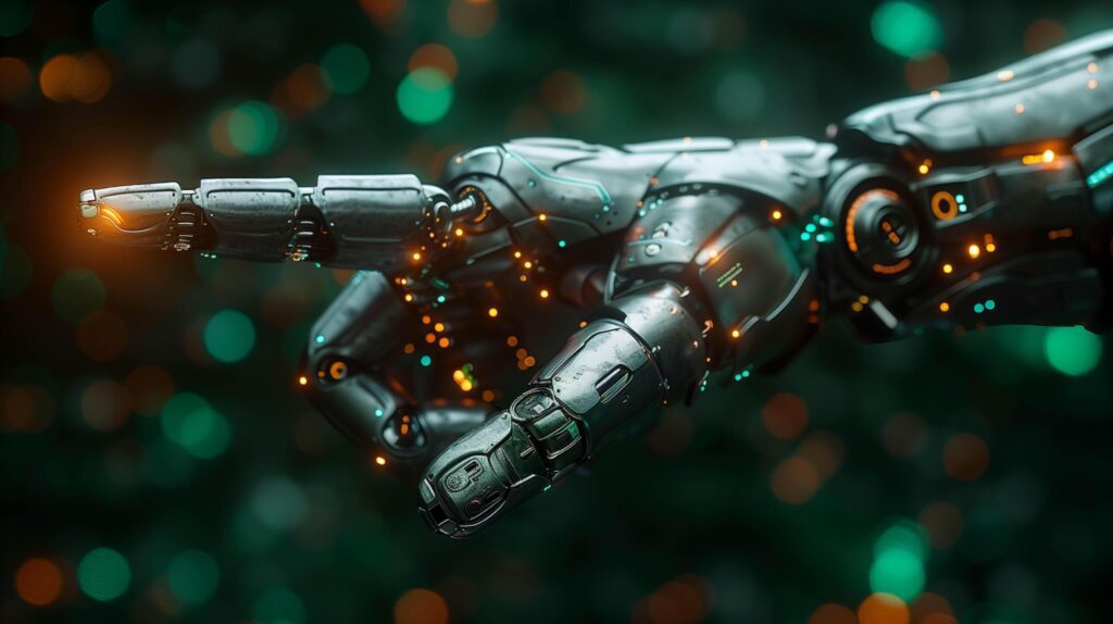 Artificial robot hand pointing finger in the style of human touch, technology and people concept on dark background with copy space area for text. Stock Free