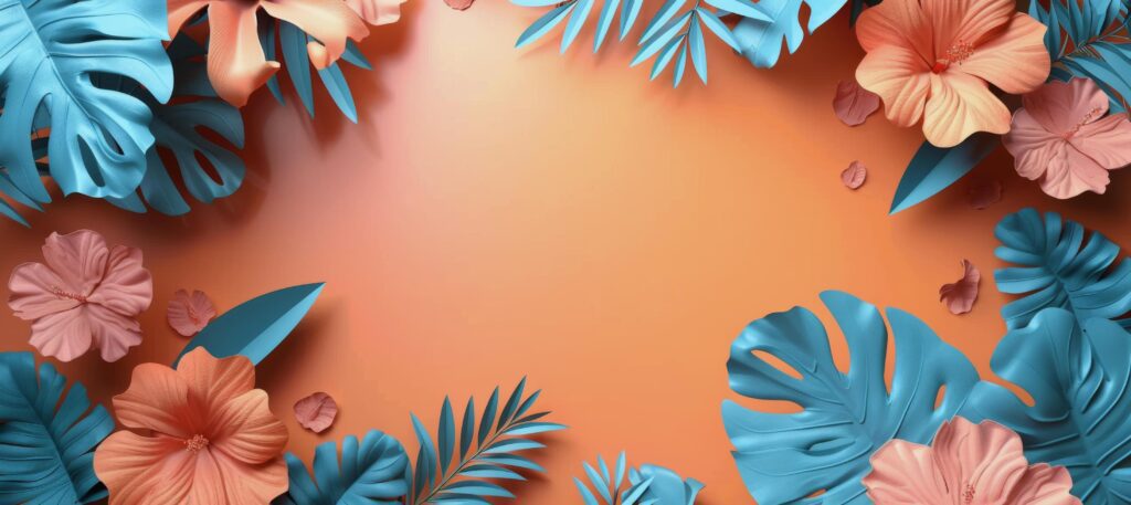 Paper Flower Arrangement With Tropical Leaves on Orange Background Stock Free