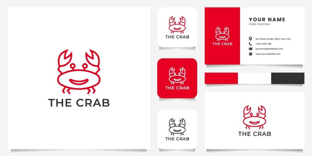 Simple and Minimalist Line Art Smile Crab Logo with Business Card Template Stock Free