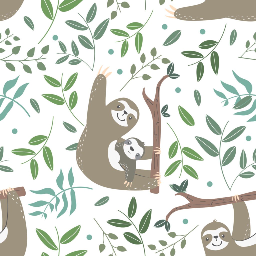 Seamless pattern with plants and cute slooth Free Vector