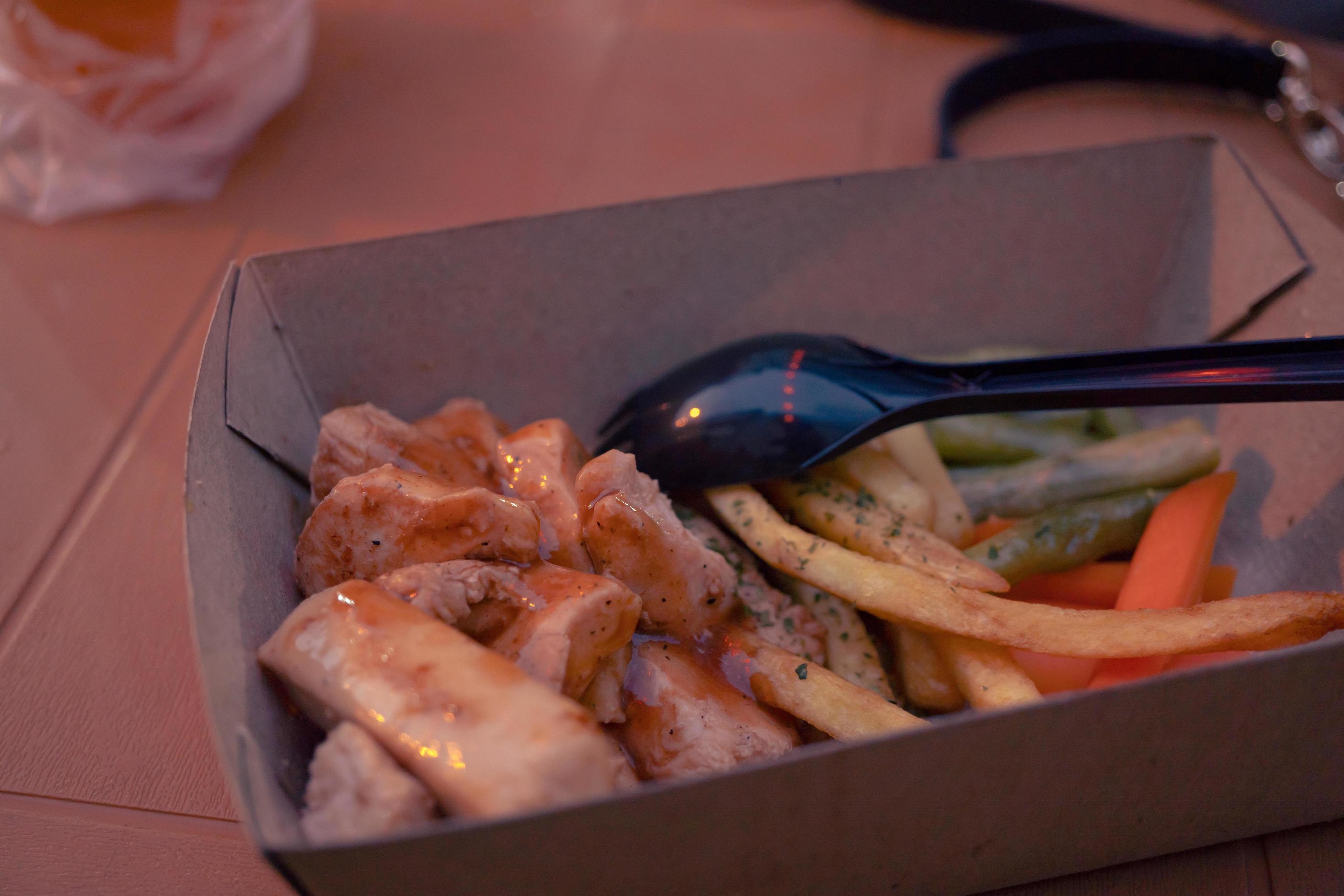 Fried chicken steak with fired fries bean and barbeque black paper sauce. The photo is suitable to use for food background, poster and food content media. Stock Free