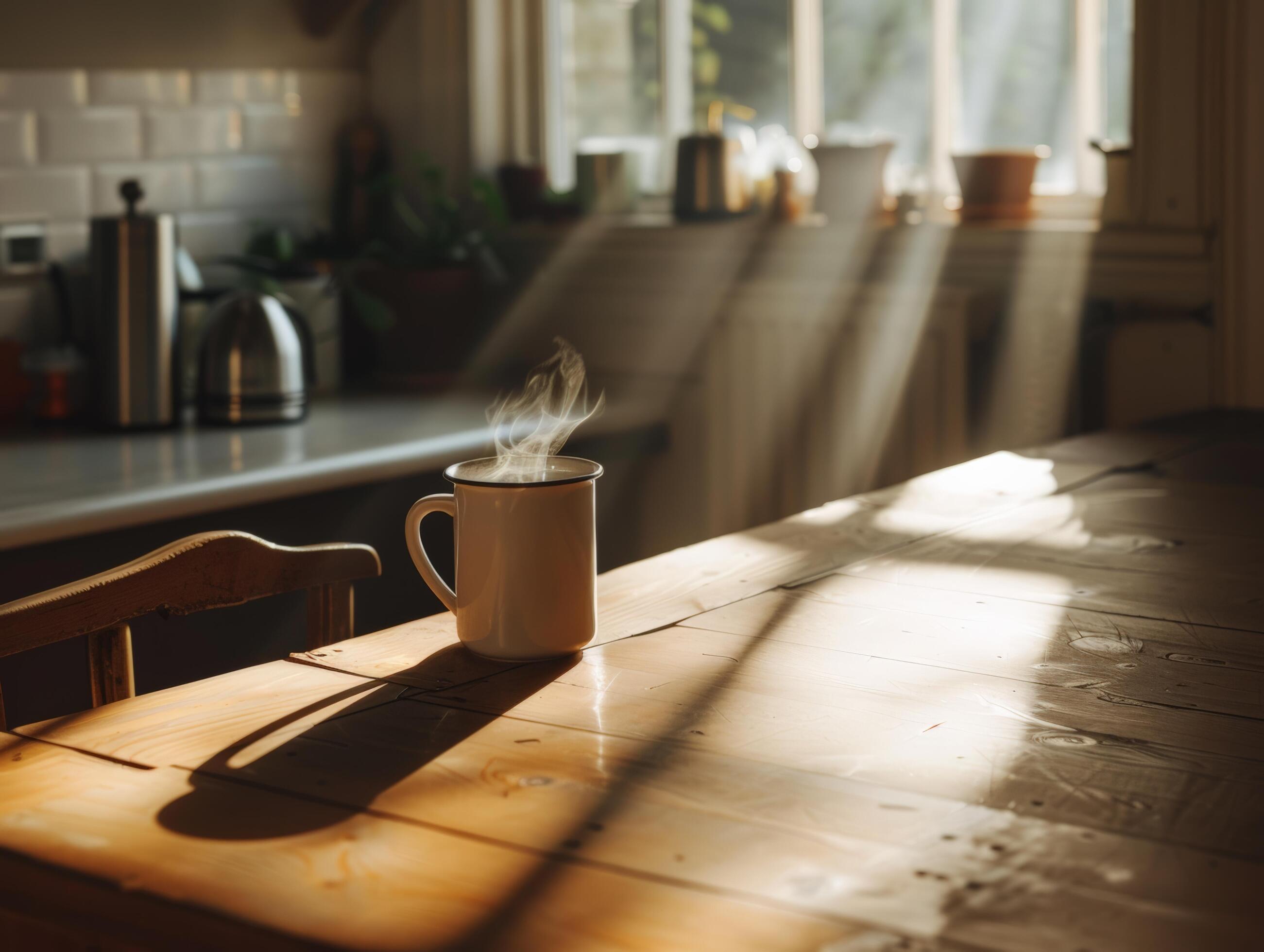 Sunlit kitchen featuring a wooden table with a coffee cup, natural light and cozy atmosphere, home and lifestyle concepts Stock Free