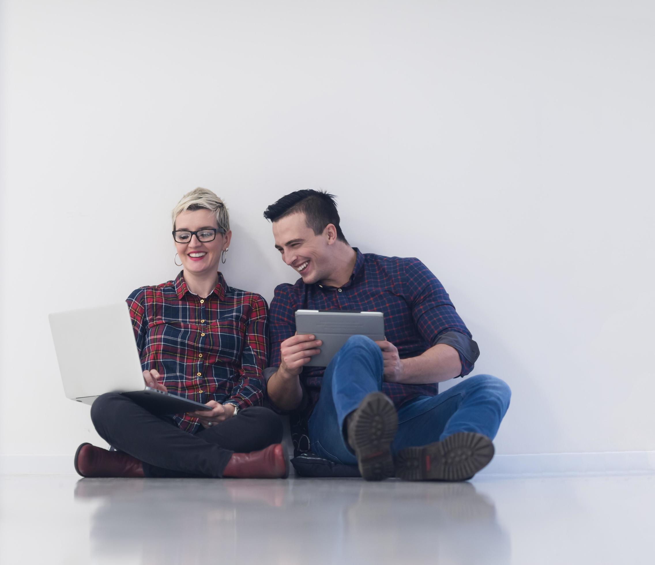 startup business, couple working on laptop computer at office Stock Free