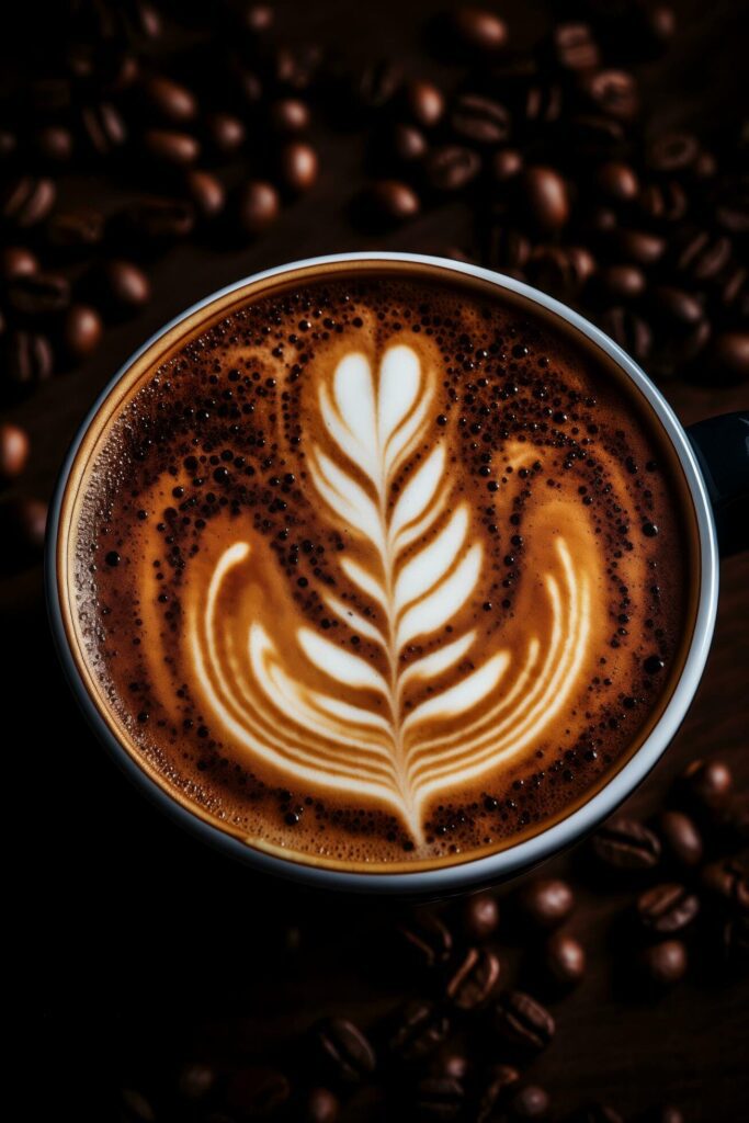 A latte with a leaf design on a table, showcasing the artistry of the barista’s foam work. Generative AI Free Photo