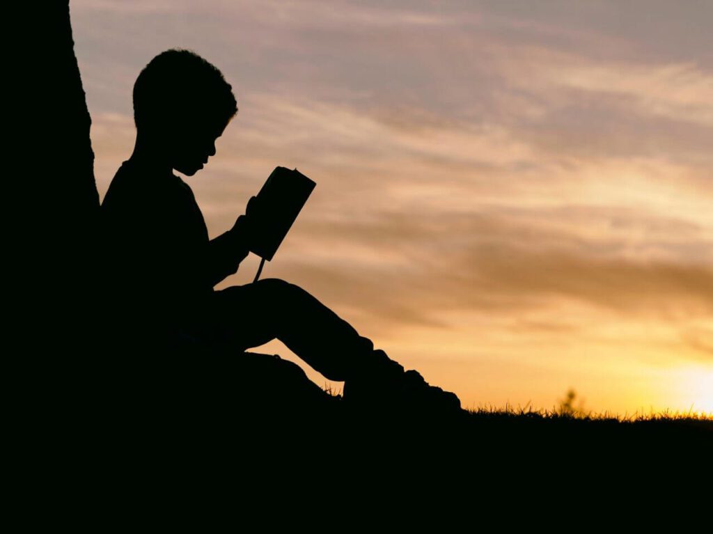 Silhouette Child Reading Sunset Stock Free