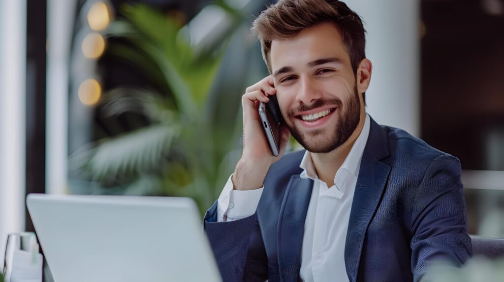 Confident Young Business Executive Discussing Strategy on Smartphone Stock Free