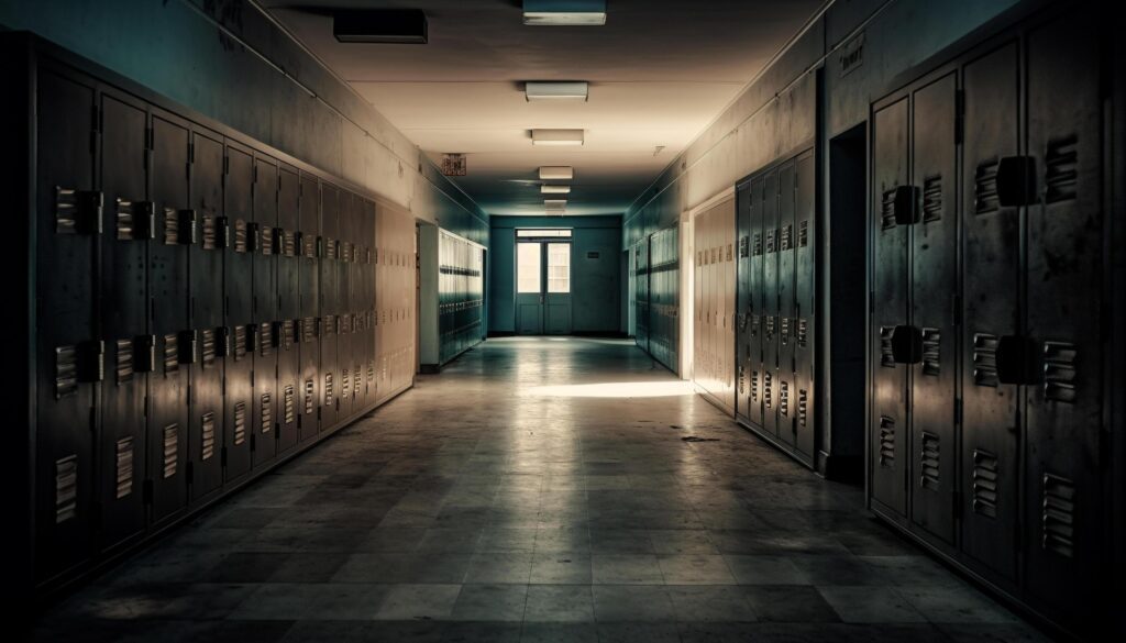 Empty locker room with modern metal lockers in a row generated by AI Stock Free