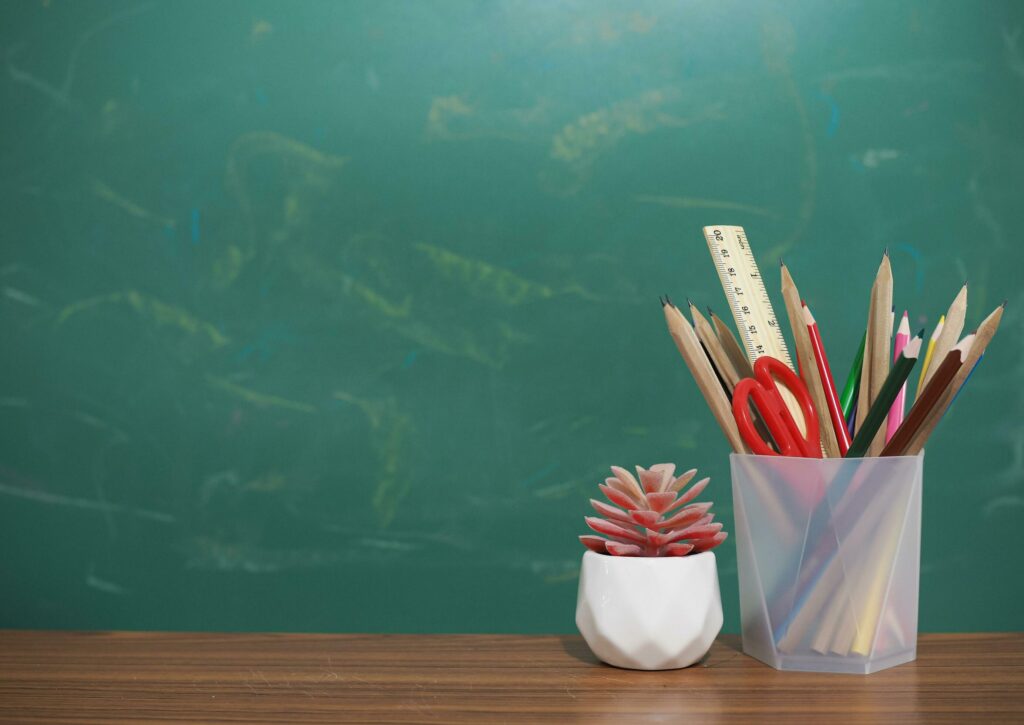 Office desk table, Student creative desktop with colorful stationery and cactus. Copy space for text, Back to school, Education concept Stock Free