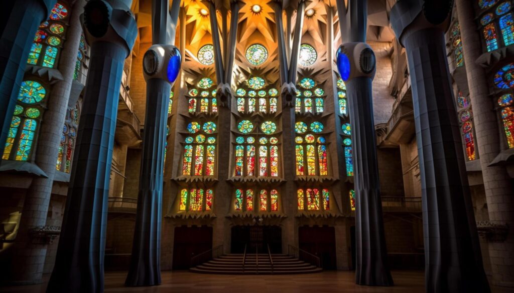 Vibrant stained glass illuminates gothic basilica interior generated by AI Stock Free