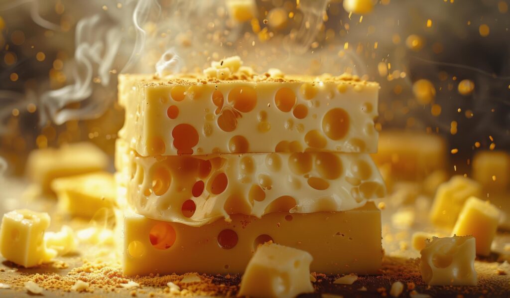 Closeup of Two Cubes of Swiss Cheese With Bokeh Background Stock Free