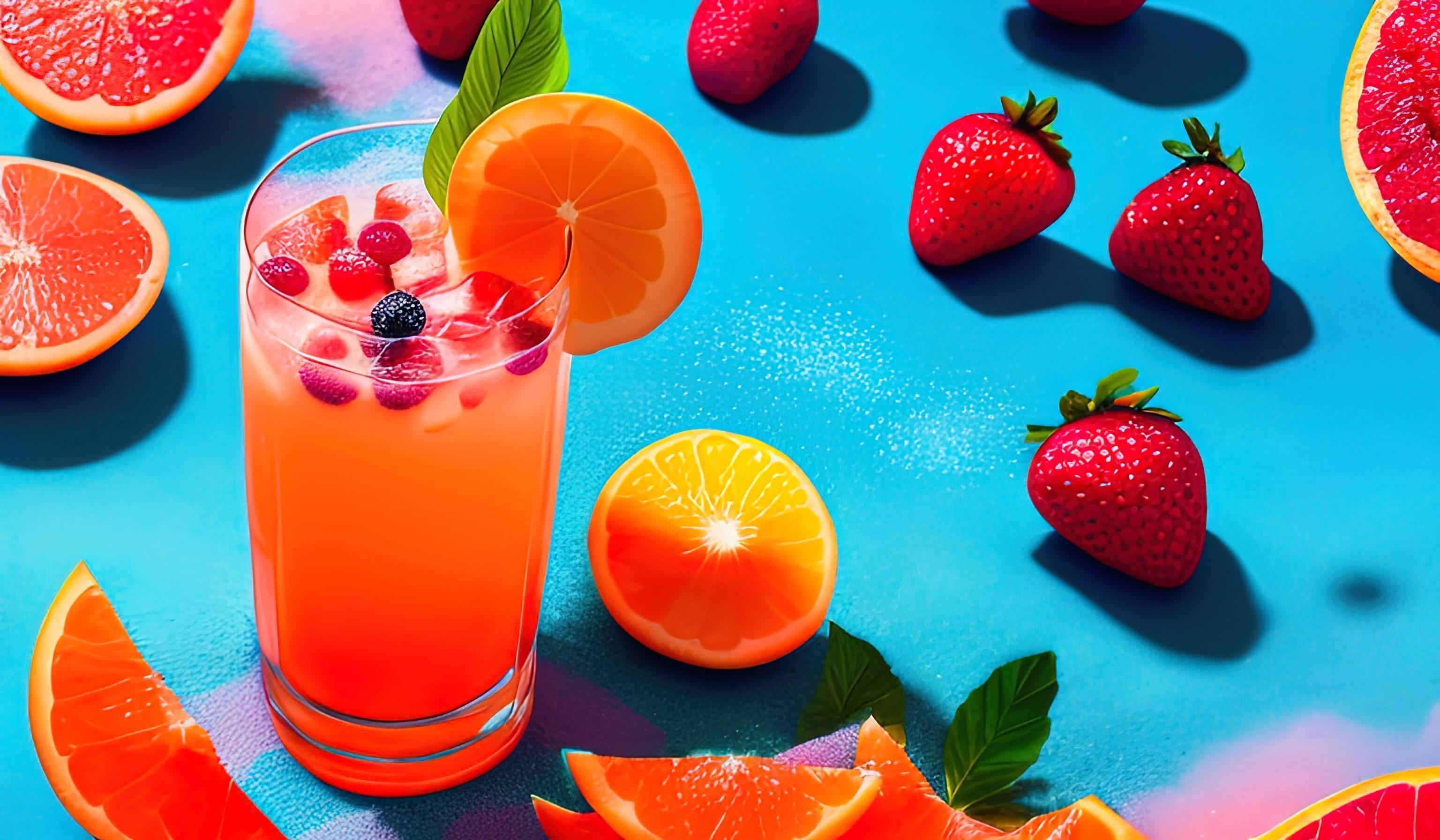 professional food photography closeup of Tropical fruit summer cocktail with red grapefruit, berries and ice on blue background Stock Free