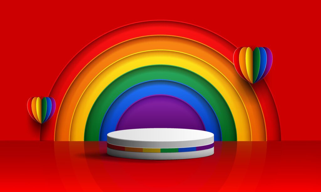 pride month banner concept with 3d rainbow heart and wall decoration with podium. LGBTQ promotion banner background Free Vector