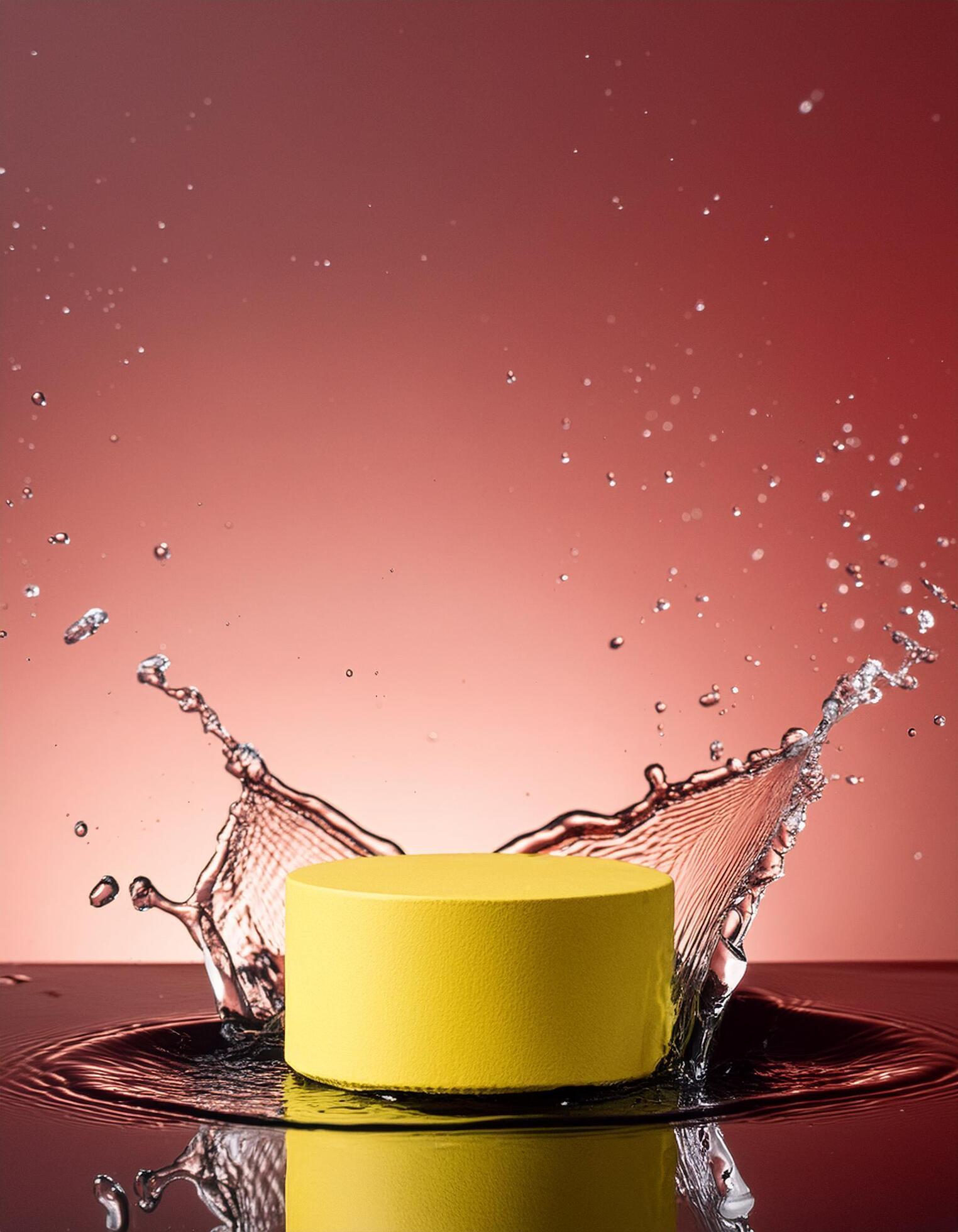 empty yellow podium mockup with water splash on a gradient background for product display Stock Free