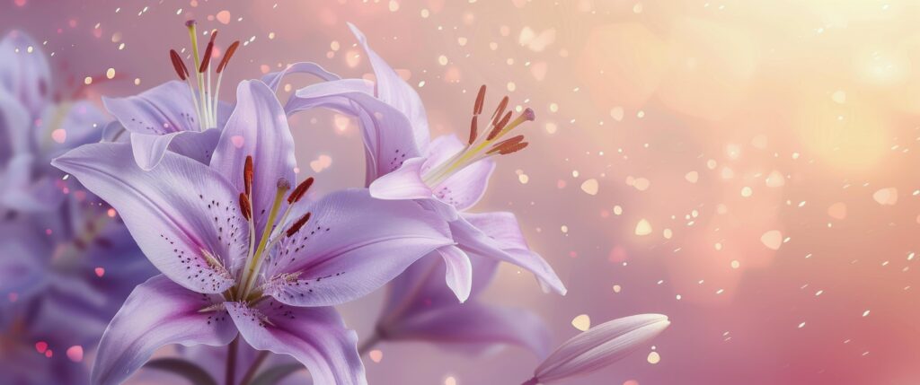 Closeup of Delicate Purple Lilies With Soft Pink and Gold Background Stock Free