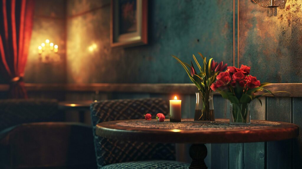 Cozy Vintage Cafe Table with Romantic Candle and Flowers Free Photo