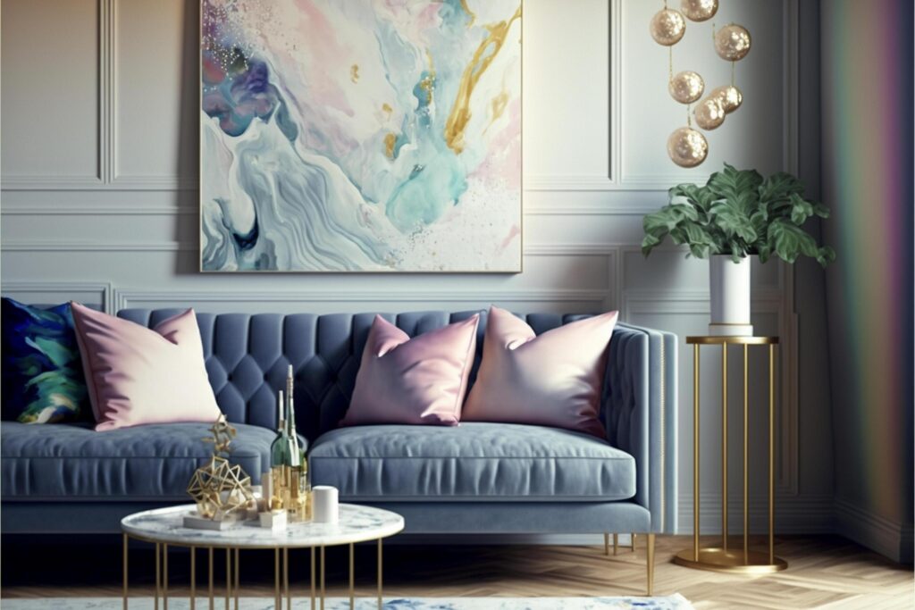 living room filled with furniture and a painting. . Stock Free