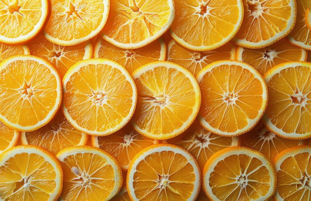 Freshly Sliced Oranges Arranged on Yellow Background Stock Free