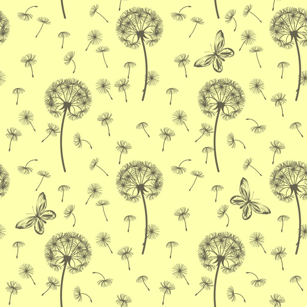 Seamless pattern of dandelions and butterflies on a yellow background. For wrapping paper, design and decoration. Free Vector