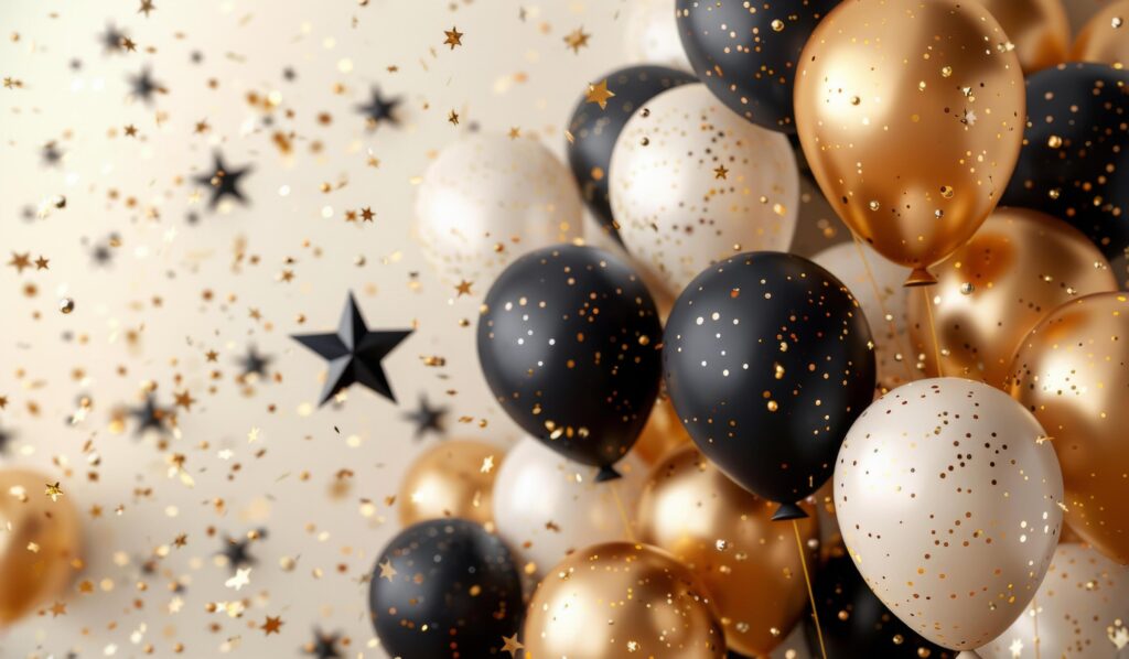 Black, Gold, and Silver Balloons With Confetti Stars on White Background Stock Free