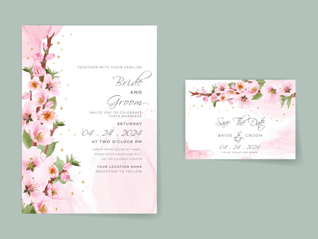 Beautiful soft pink sakura wedding invitation card template Free Vector