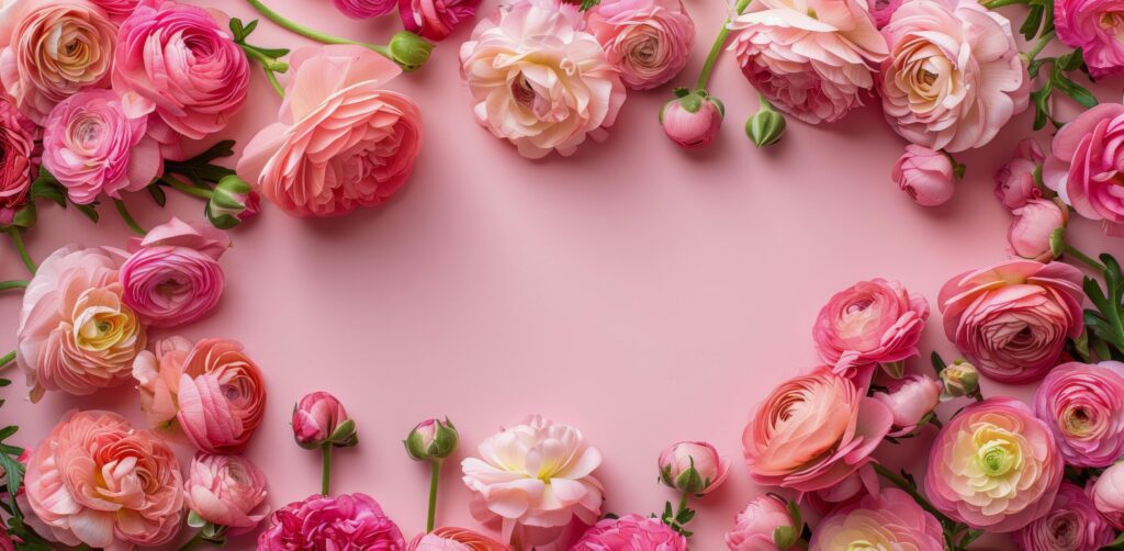 Pink Ranunculus Flowers Arranged in a Border on a Pink Background Stock Free