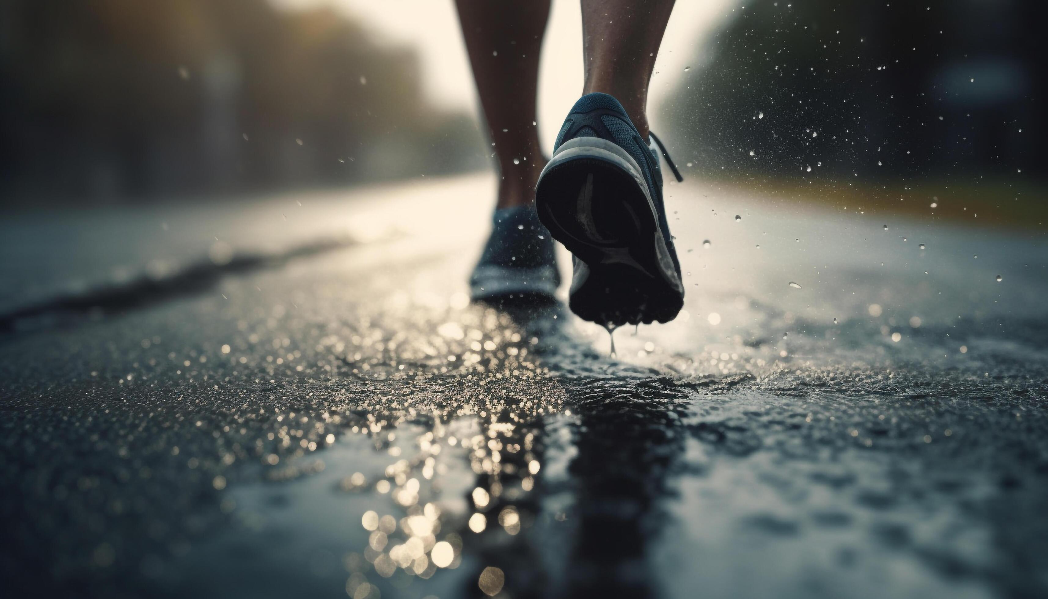 Running athlete splashes through rain on footpath, healthy lifestyle Stock Free