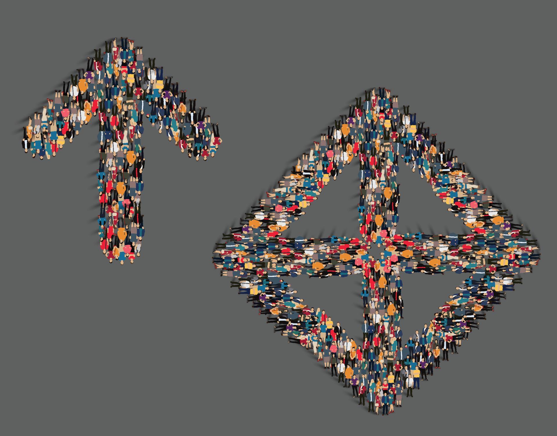 Group of people combined into a downward arrow pattern vector Stock Free