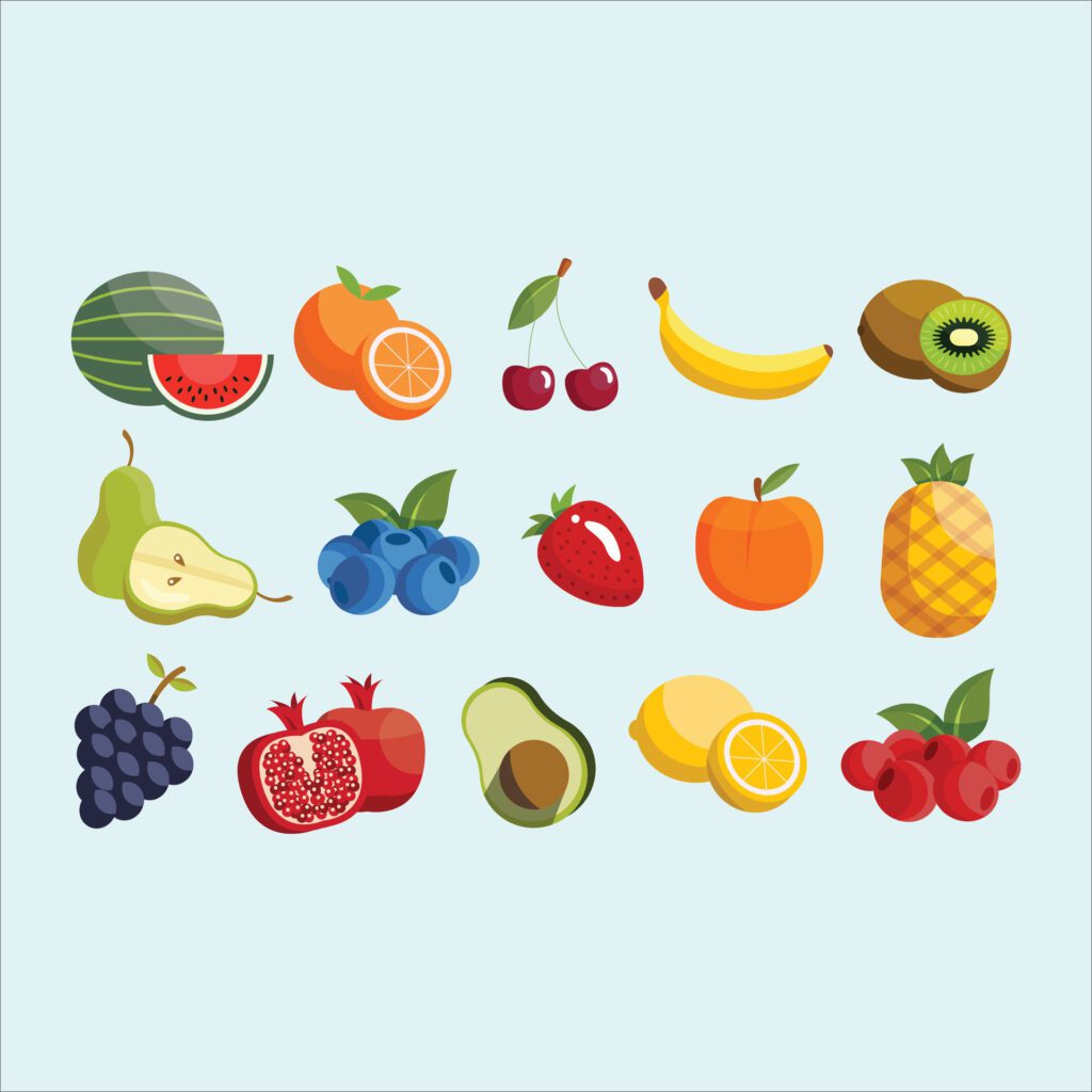 a set of fruit icons on a blue background Free Vector