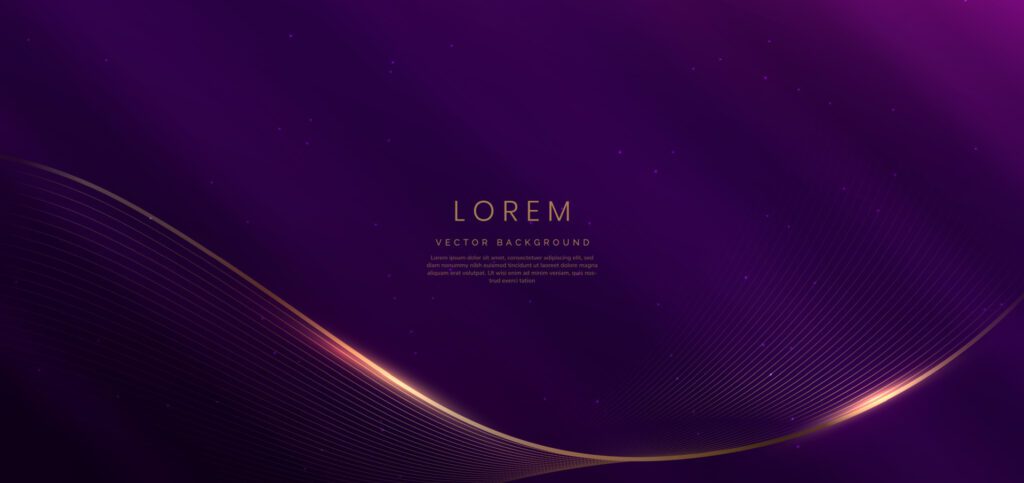 Luxury curve golden lines on dark purple background with lighting effect copy space for text. Luxury design style. Free Vector