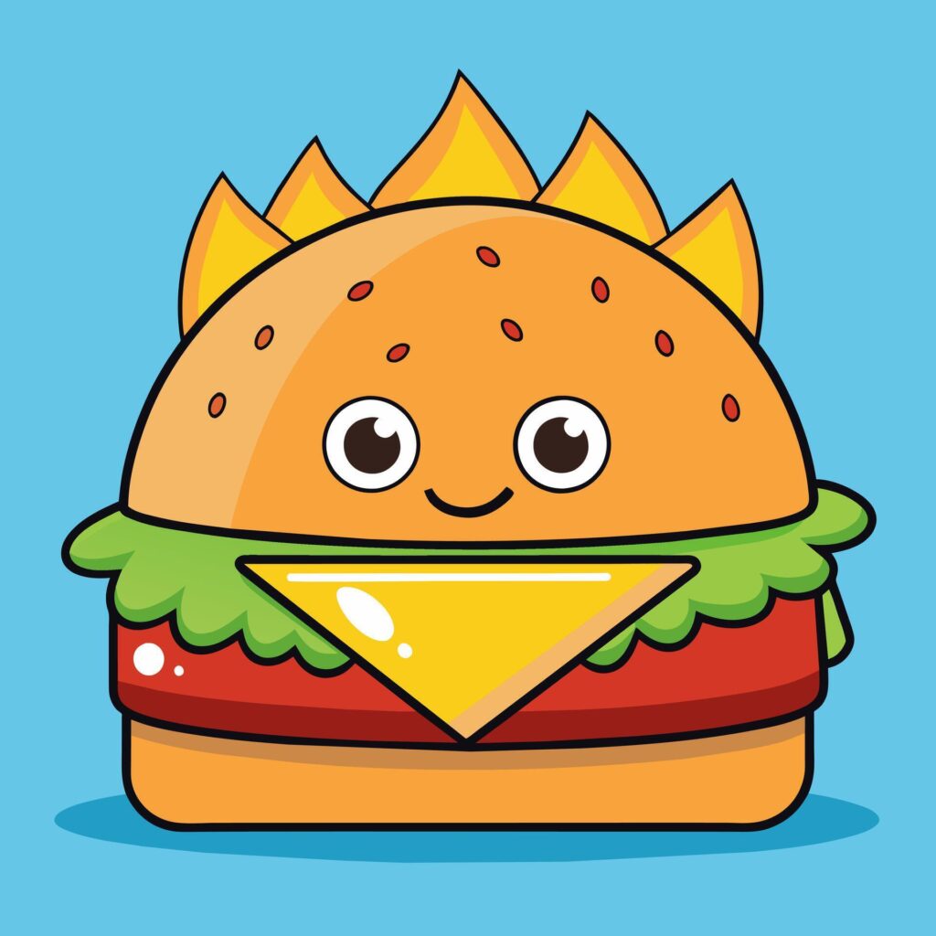 art of burger cheese with fire cartoon style flat icon illustration Stock Free