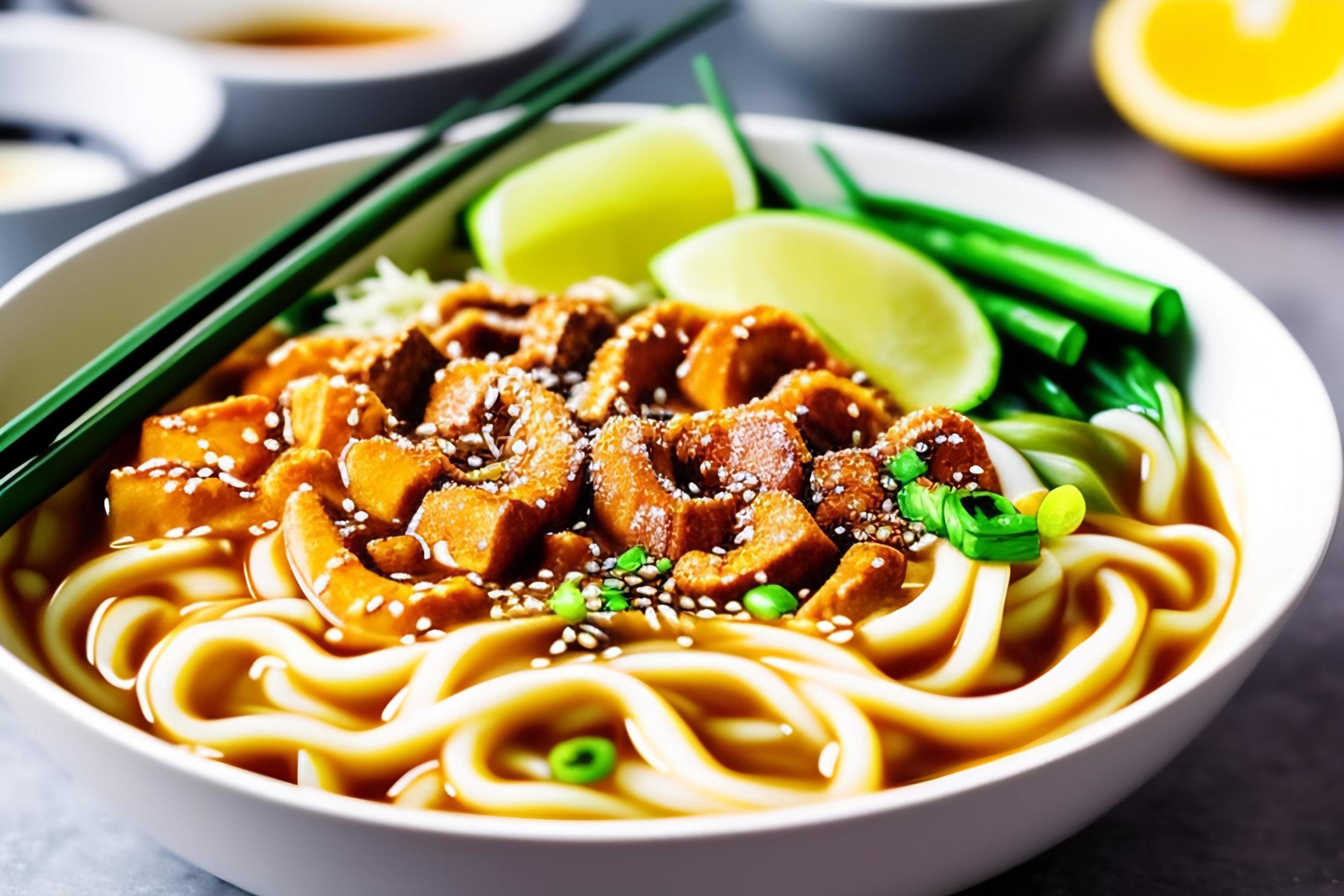 Delicious noodles. Fast food meal with appetizing pasta and chopsticks. Stock Free