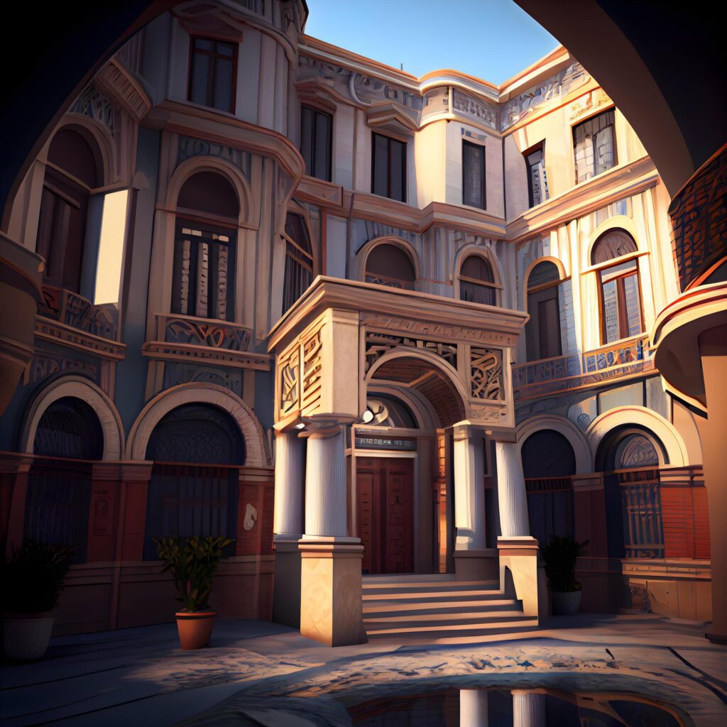 3D rendering of a beautiful palace with arches and balconies, Image Stock Free