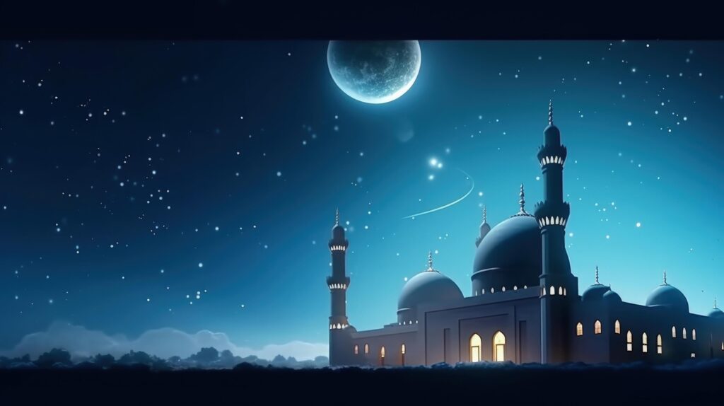 Mosques Dome on dark blue twilight sky and Crescent Moon on background Illustration Stock Free