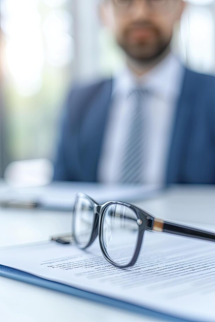 an office desk with pen and paper and blur business people in suits on background Stock Free