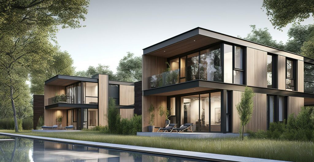 3d rendering of a large modern contemporary house in wood and concrete, generate ai Stock Free