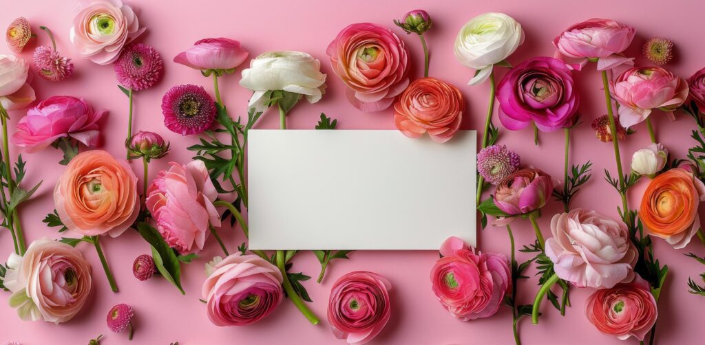 Pink Ranunculus Flowers Arranged in a Border on a Pink Background Stock Free